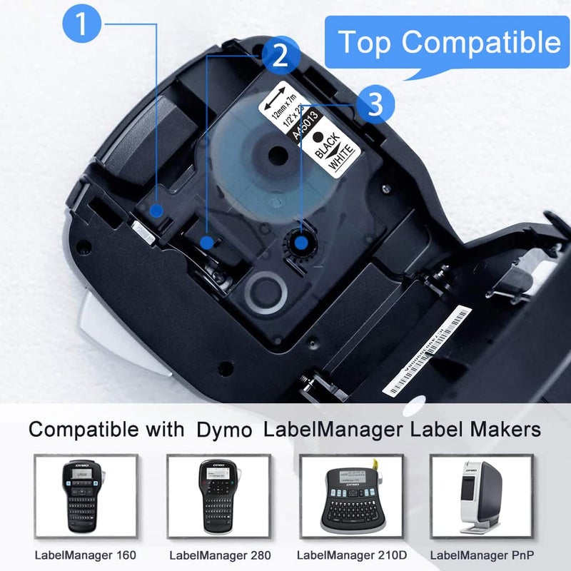 Anycolor Compatible with Dymo D1 Label Tape 45013 S0720530 Refill Replace for Dymo D1 A45013 Tape, Black on White 1/2 Inch x 23 Ft for LabelManager 160 210D 420P 280 450D PnP Label Maker, 5-Pack - Image 2
